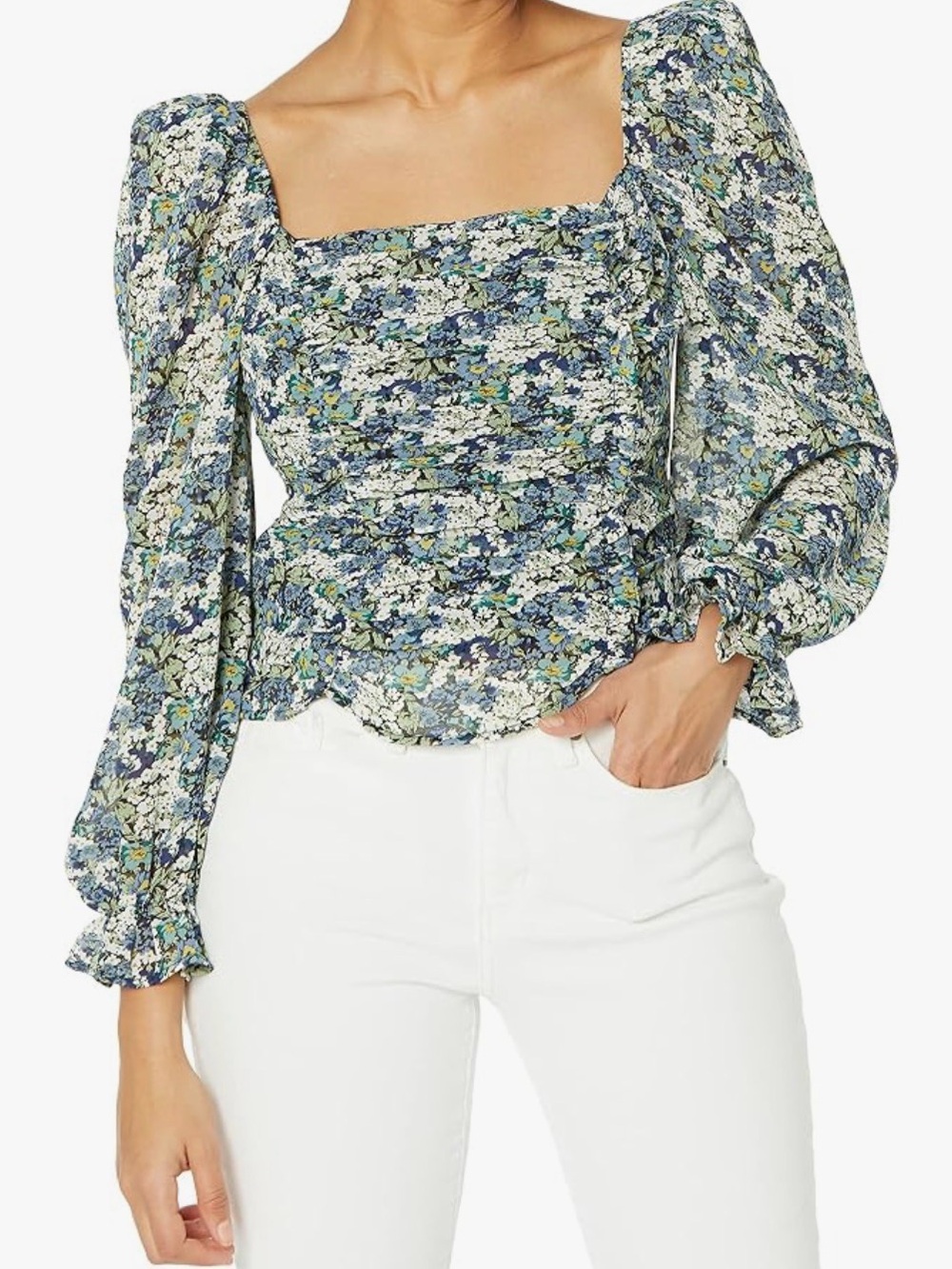 ASTR Floral Square-Neck Puff Sleeve Top - Blue/Green Ruffle